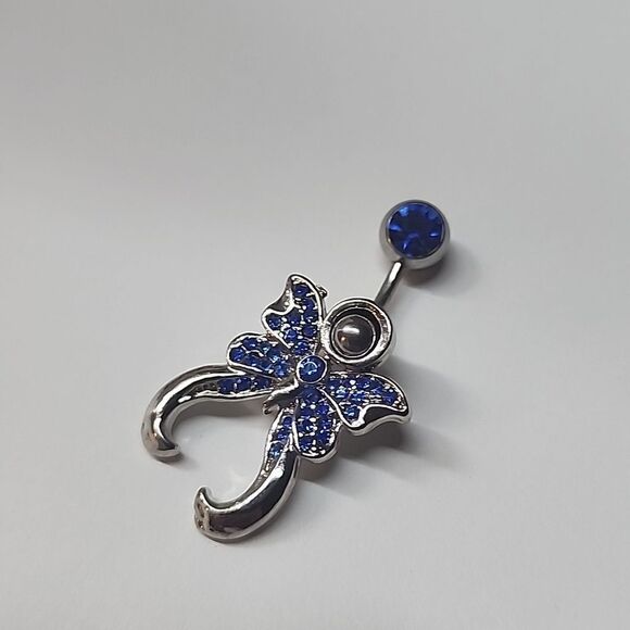 Butterfly Blue Crystal Rhinestone Silver Tone Belly Button Ring - Picture 2 of 3